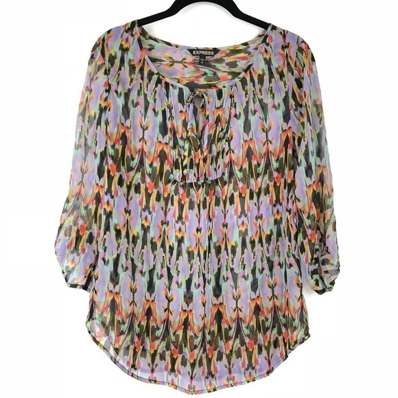 Express Tie Neck Semi Sheer Abstract Blouse Top S - Picture 1 of 6